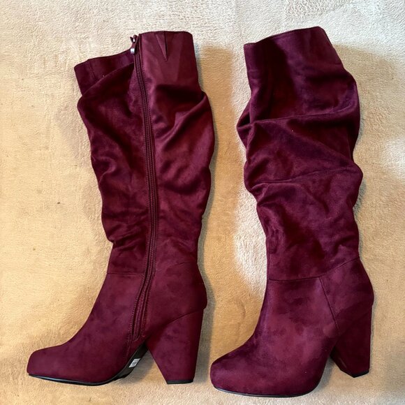 Torrid Wine Slouch Knee High Boots Women’s 9W Wide Faux Suede Cone Heel - Picture 2 of 6
